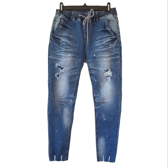 Dark-Wash Distressed Skinny Denim Jeans - Picture 1 of 13